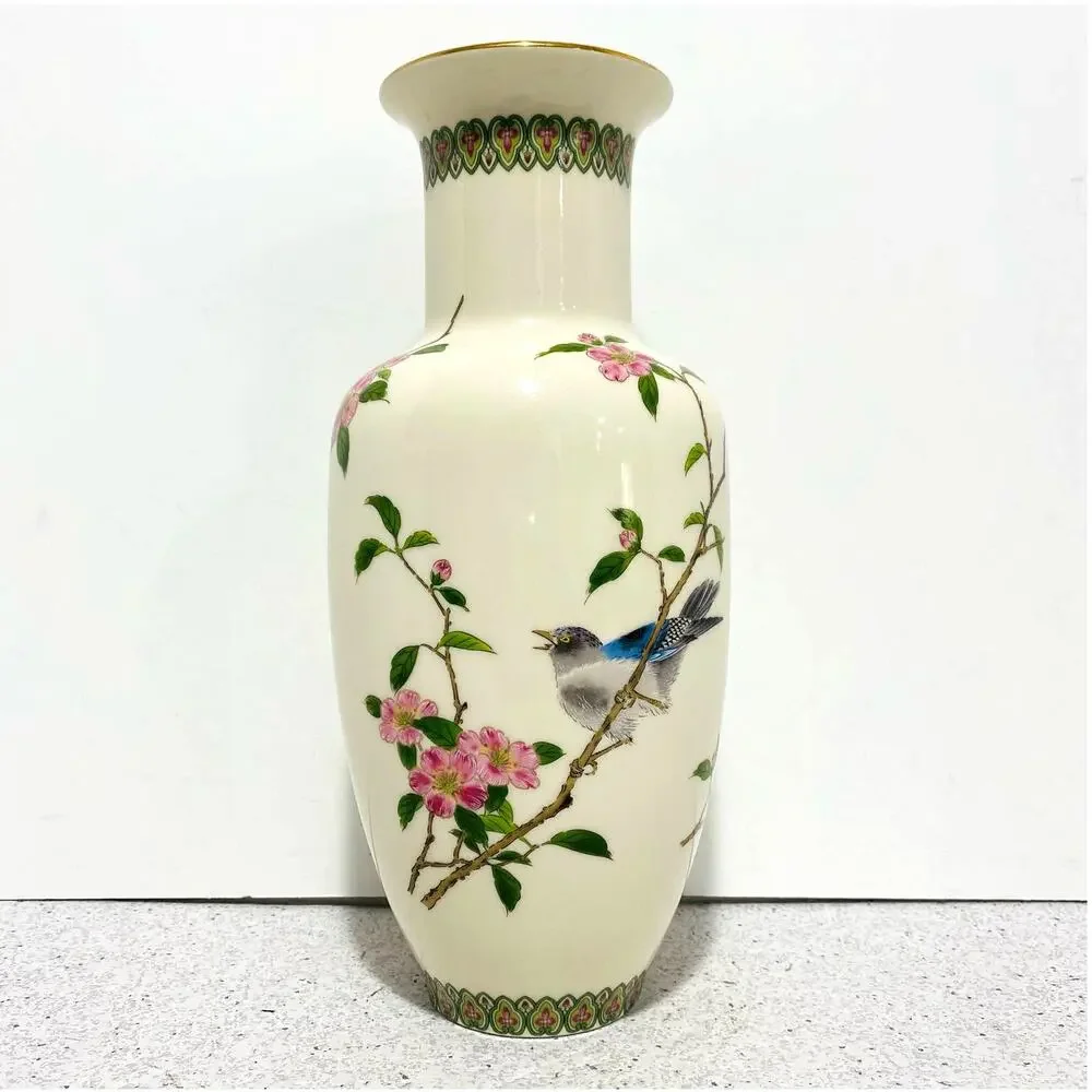 Shibata Japan ceramic porcelain vase bird on cherry blossom branch Asian motif